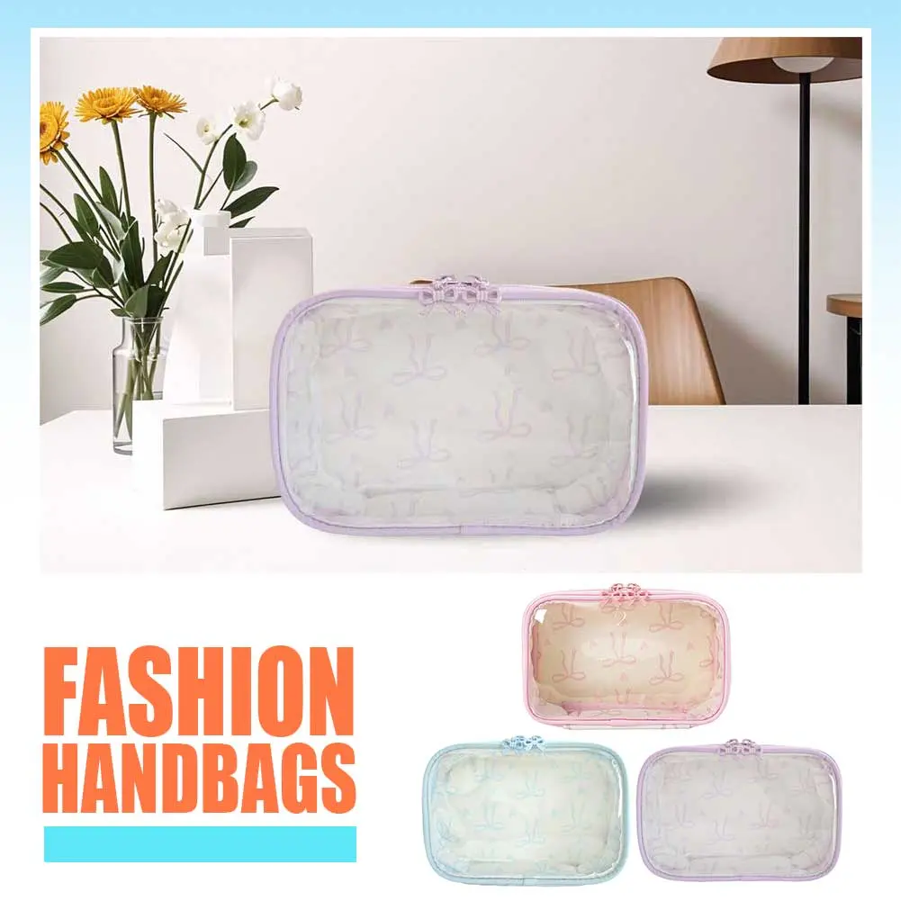 PVC Bow Cosmetic Bag Large Capacity Cute Toiletry Handbag Transparent Portable Storage Bag Bathroom Shower Travel Bag