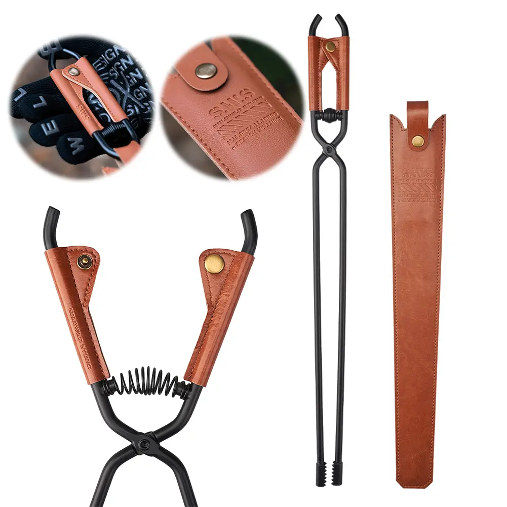 Camping Fire Poker with Leather Cover Thickened Fire Tongs Carbon Steel Barbecue Burning Tongs Outdoor Camping BBQ Tools