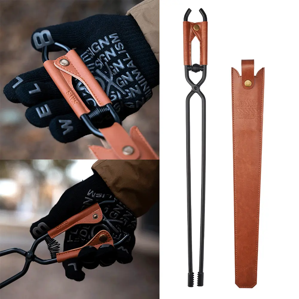 Camping Fire Poker with Leather Cover Thickened Fire Tongs Carbon Steel Barbecue Burning Tongs Outdoor Camping BBQ Tools