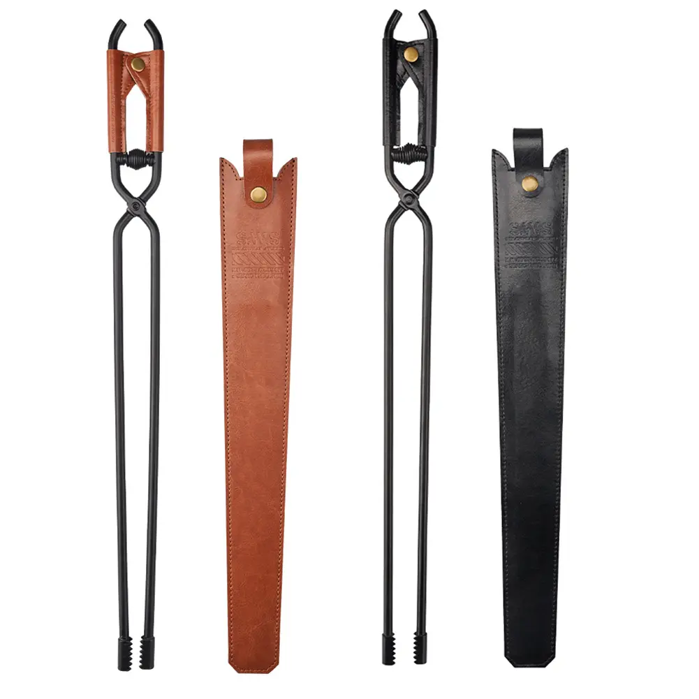 Camping Fire Poker with Leather Cover Thickened Fire Tongs Carbon Steel Barbecue Burning Tongs Outdoor Camping BBQ Tools