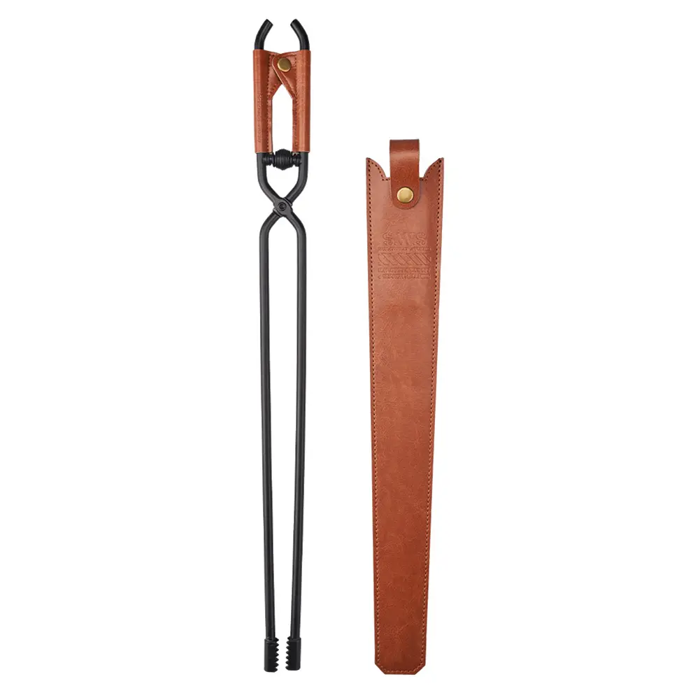 Camping Fire Poker with Leather Cover Thickened Fire Tongs Carbon Steel Barbecue Burning Tongs Outdoor Camping BBQ Tools