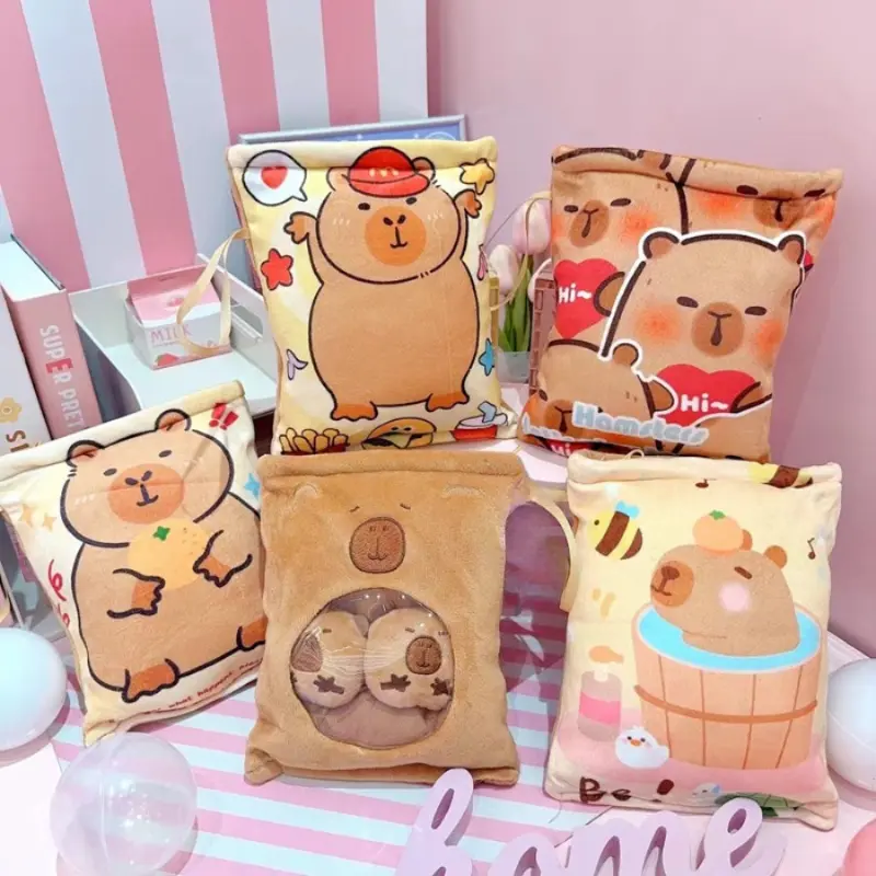 Kawaii Capybara Plush Snack Bag Cartoon Throw Pillow Capibara Plushie Doll Creative Pudding Hold 2 Capybara Cubs Toy Birth Gift