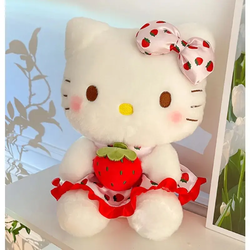 20cm Sanrio Cartoon KT Cat Peluch Toy Kawaii Anime Strawberry KT Doll Home Decor Animal Sitting Doll Bed Decoration