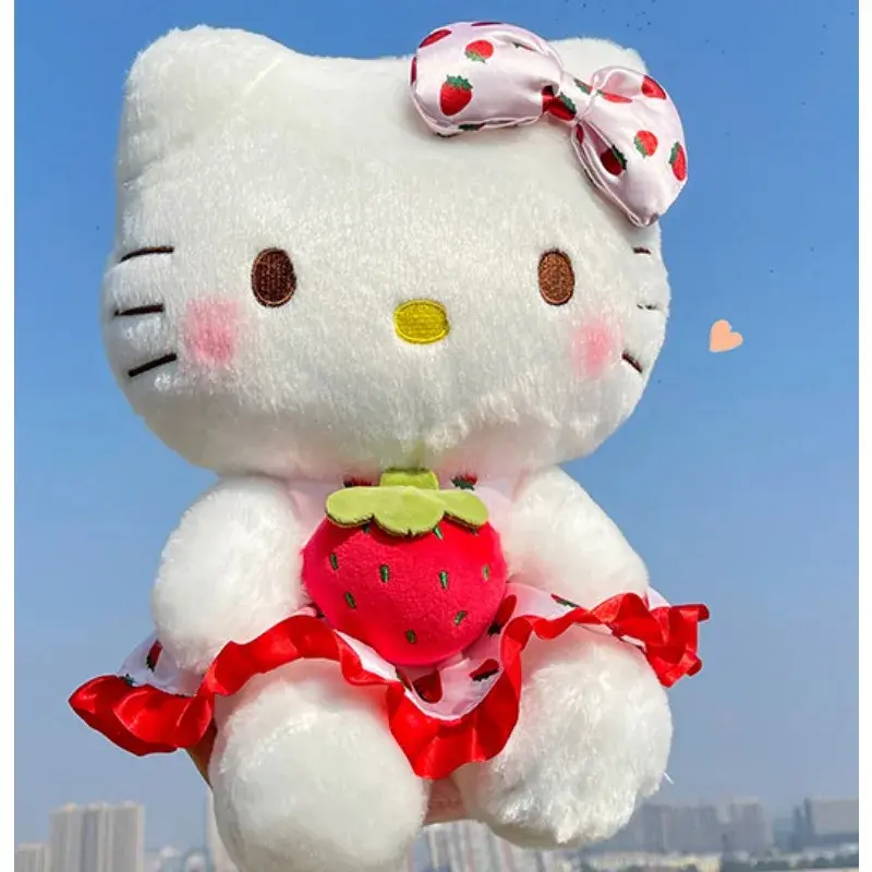 20cm Sanrio Cartoon KT Cat Peluch Toy Kawaii Anime Strawberry KT Doll Home Decor Animal Sitting Doll Bed Decoration