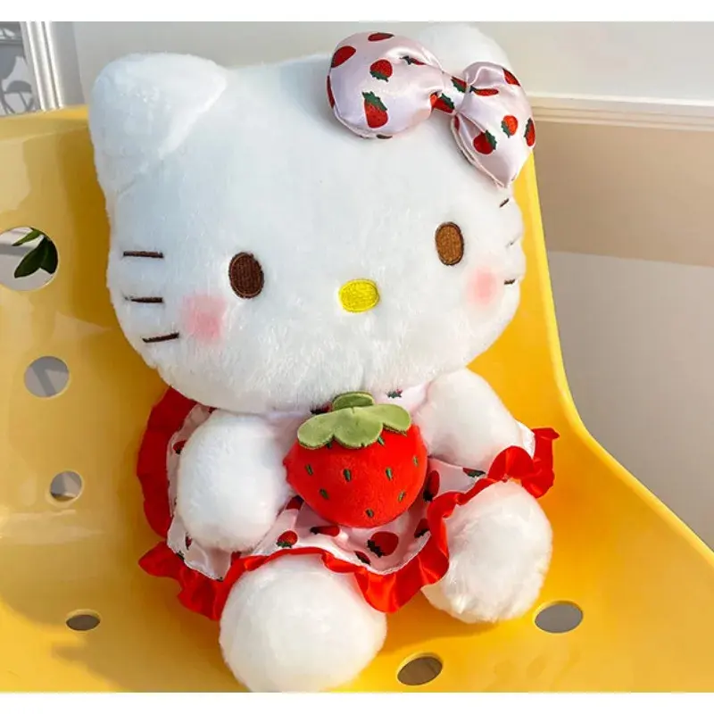 20cm Sanrio Cartoon KT Cat Peluch Toy Kawaii Anime Strawberry KT Doll Home Decor Animal Sitting Doll Bed Decoration