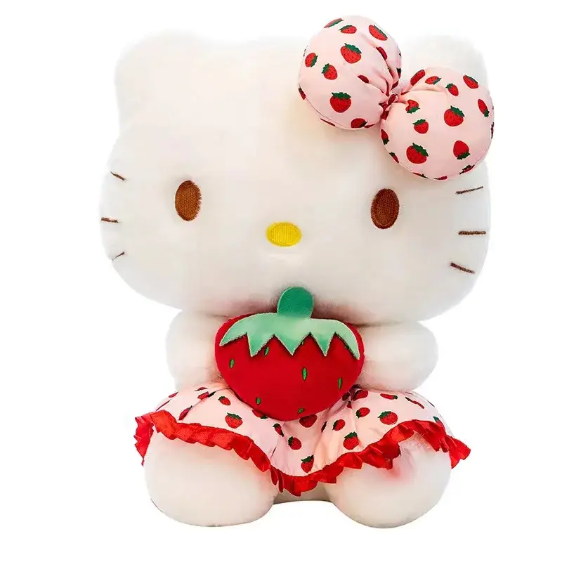 20cm Sanrio Cartoon KT Cat Peluch Toy Kawaii Anime Strawberry KT Doll Home Decor Animal Sitting Doll Bed Decoration