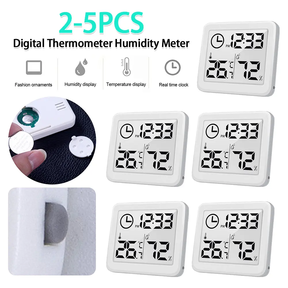 2-5PCS Simple Thermometer Hygrometer with Clock Thermometer Hygrometer LCD Display Temperature Humidity Gauge for Bedroom Office
