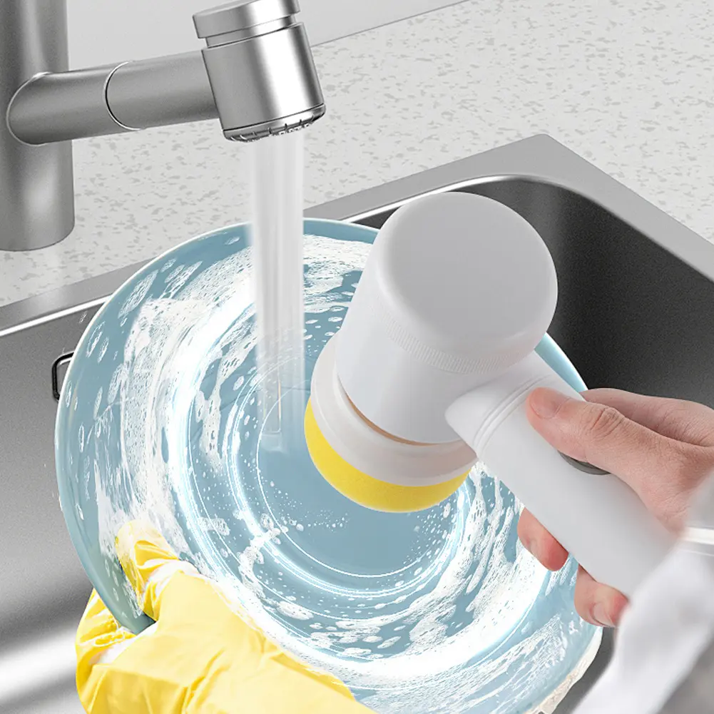 Electric Spin Scrubber USB Rechargeable with 5PCS Brush Heads Handheld Shower Scrubber Kitchen Dishwashing Brush Cleaning Gadget