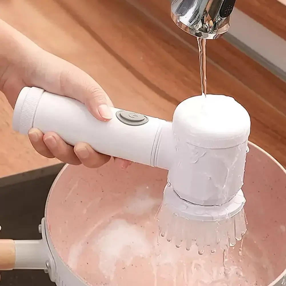 Electric Spin Scrubber USB Rechargeable with 5PCS Brush Heads Handheld Shower Scrubber Kitchen Dishwashing Brush Cleaning Gadget