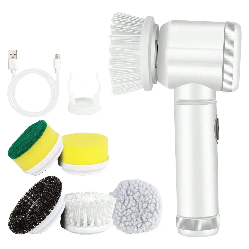 Electric Spin Scrubber USB Rechargeable with 5PCS Brush Heads Handheld Shower Scrubber Kitchen Dishwashing Brush Cleaning Gadget