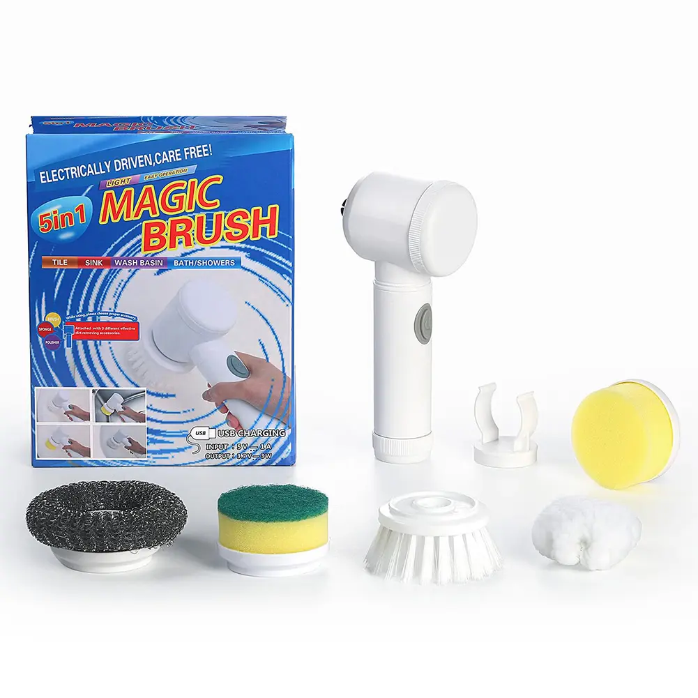 Electric Spin Scrubber USB Rechargeable with 5PCS Brush Heads Handheld Shower Scrubber Kitchen Dishwashing Brush Cleaning Gadget