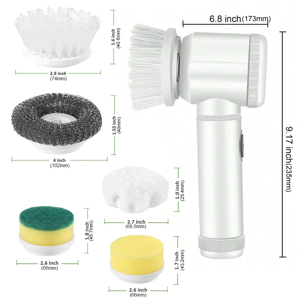 Electric Spin Scrubber USB Rechargeable with 5PCS Brush Heads Handheld Shower Scrubber Kitchen Dishwashing Brush Cleaning Gadget