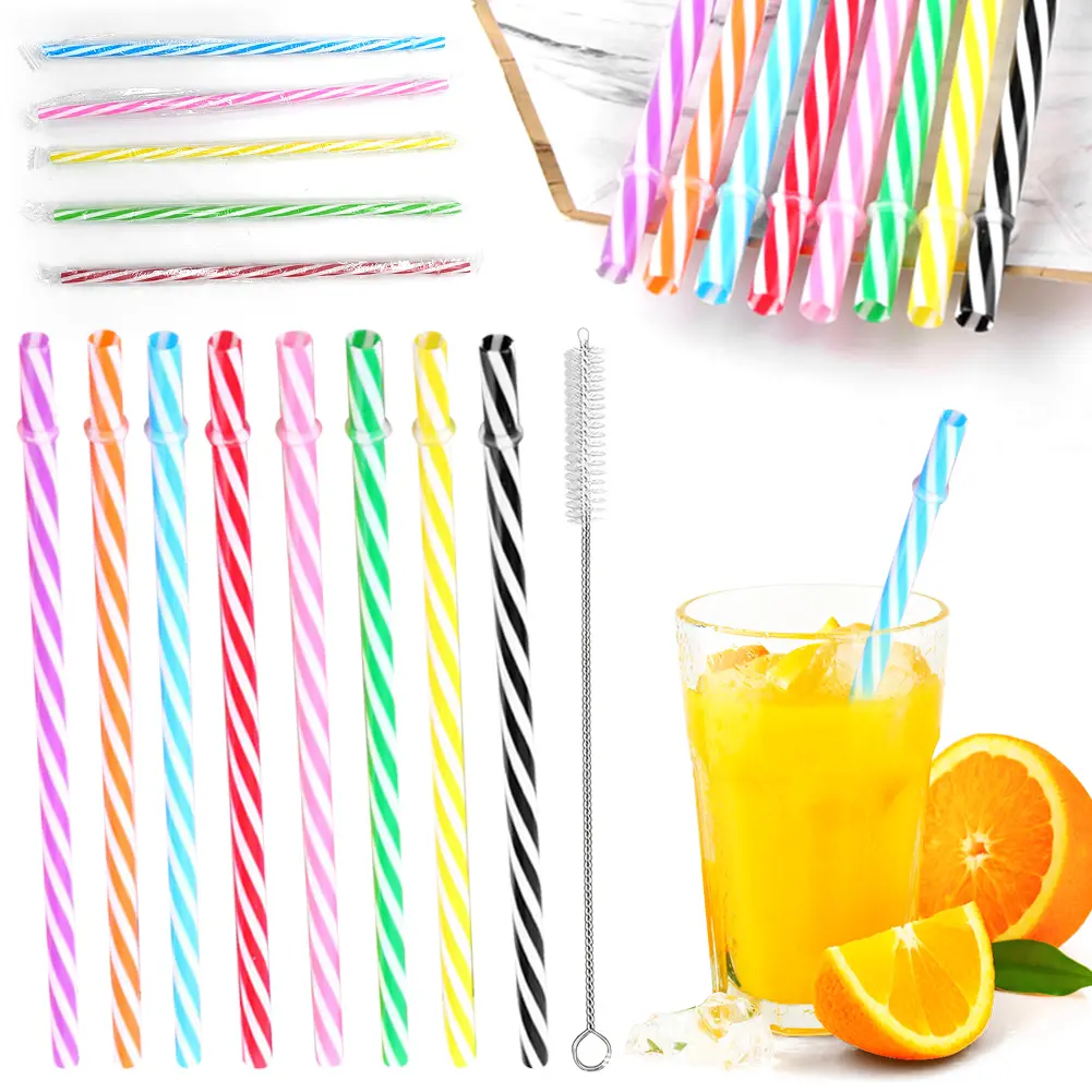 100Pcs Cocktail Straw with Straw Brush Flexible Plastic Straw Colored Drinking Straws Wedding Party Supplies Straw