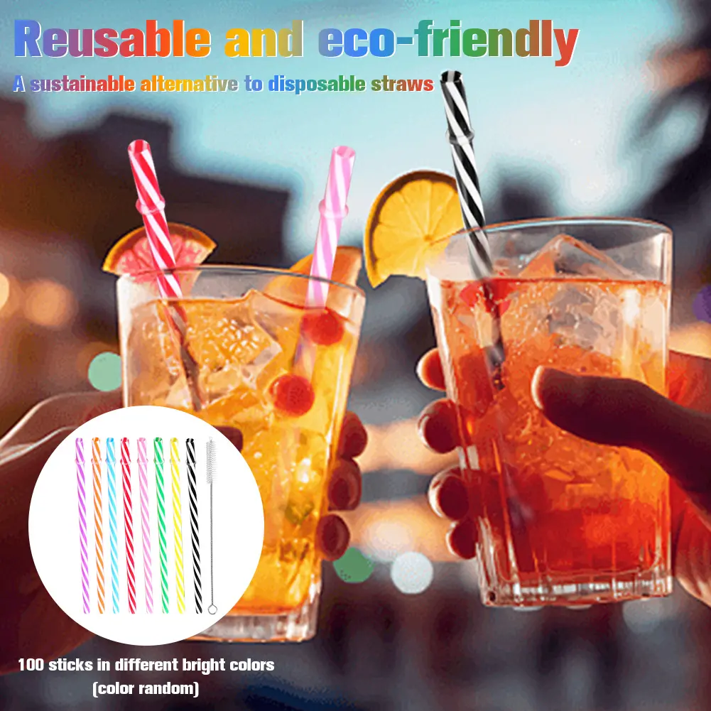 100Pcs Cocktail Straw with Straw Brush Flexible Plastic Straw Colored Drinking Straws Wedding Party Supplies Straw