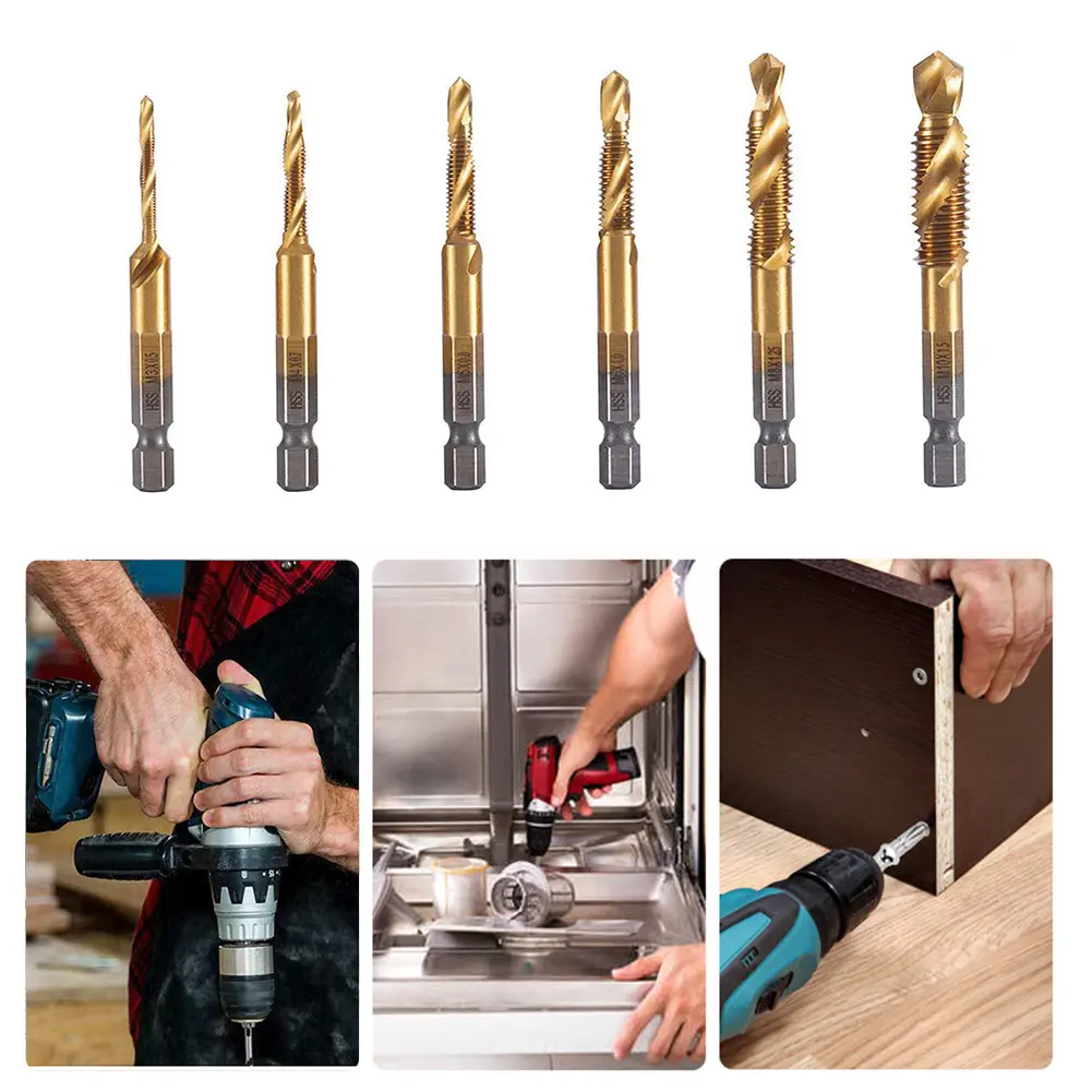 6Pcs High Speed Steel Titanium Plated Composite Tap Drill and Tap M3-M10 1/4 Hex Shank for Drilling Tapping and Countersinking