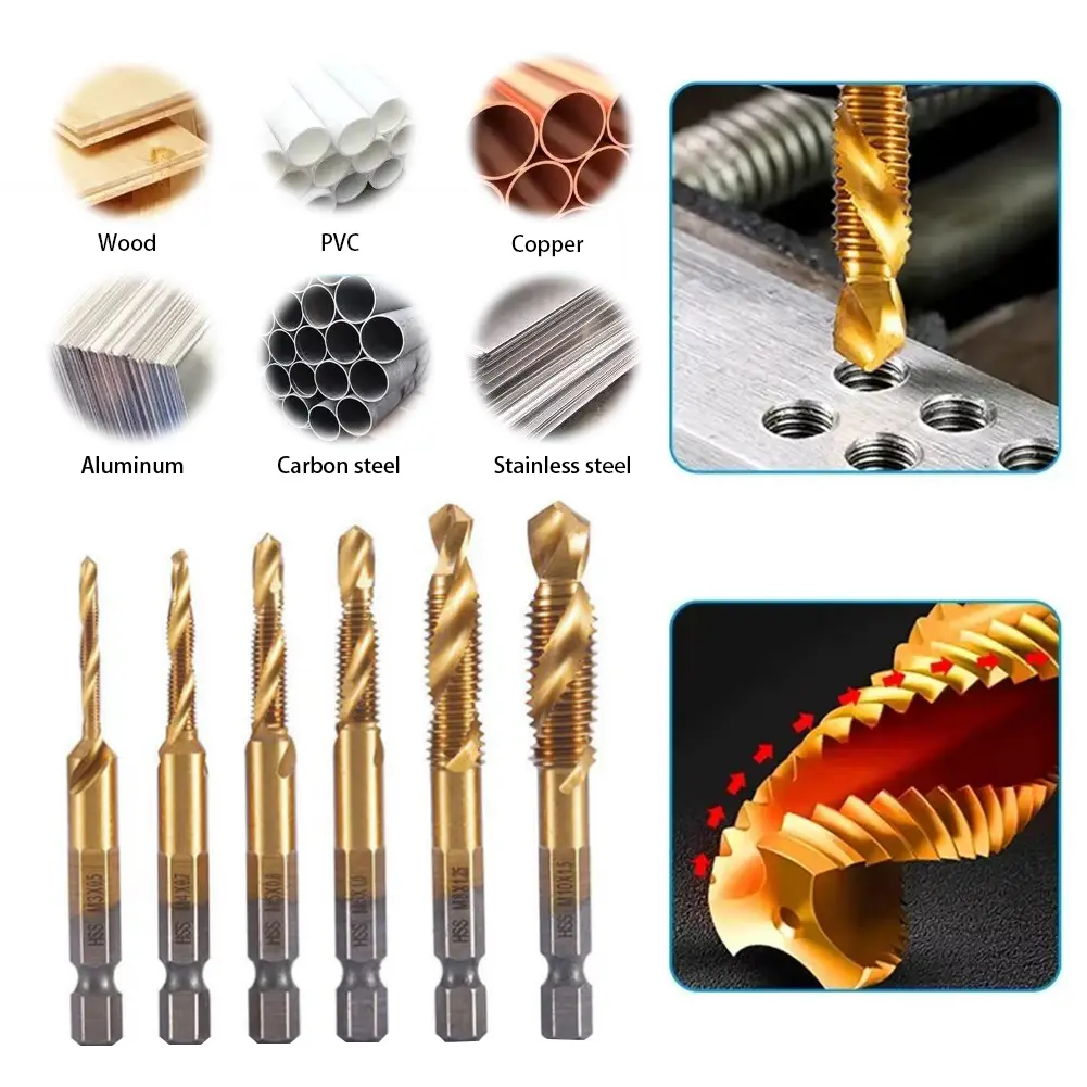 6Pcs High Speed Steel Titanium Plated Composite Tap Drill and Tap M3-M10 1/4 Hex Shank for Drilling Tapping and Countersinking