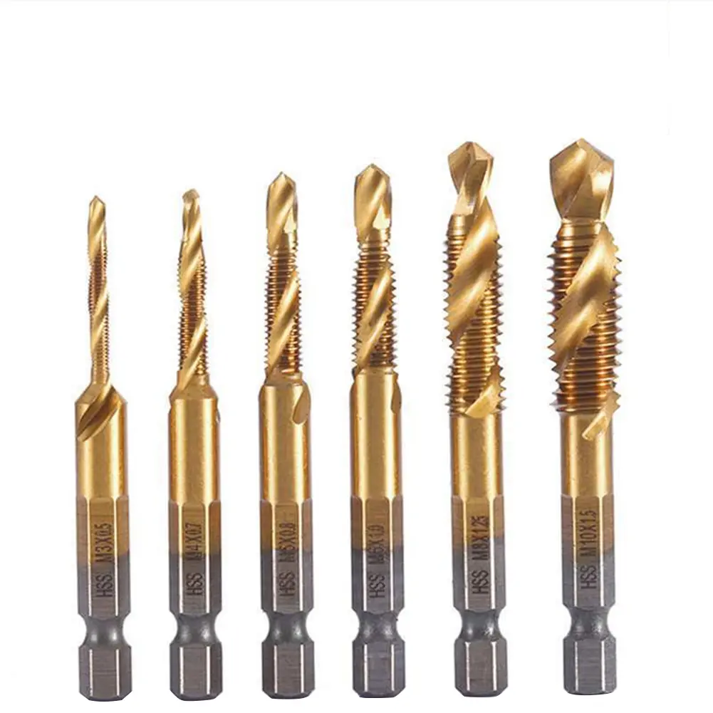 6Pcs High Speed Steel Titanium Plated Composite Tap Drill and Tap M3-M10 1/4 Hex Shank for Drilling Tapping and Countersinking