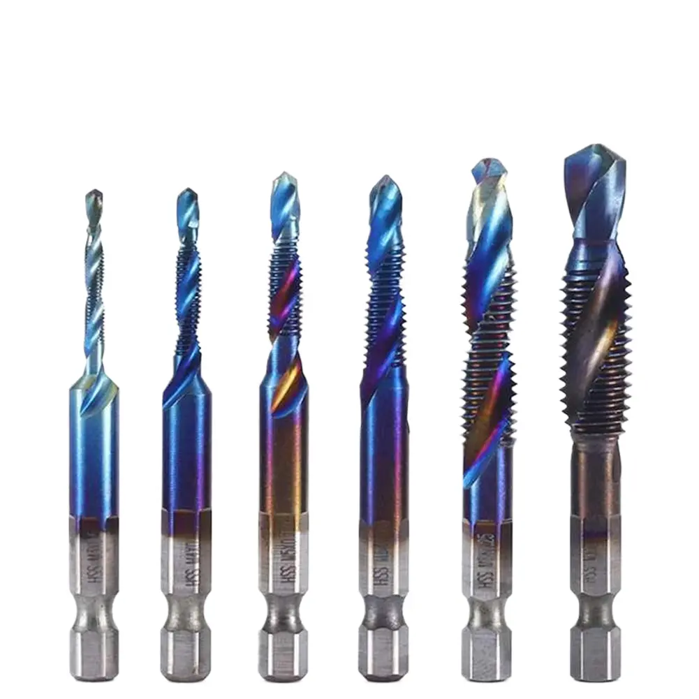 6Pcs High Speed Steel Titanium Plated Composite Tap Drill and Tap M3-M10 1/4 Hex Shank for Drilling Tapping and Countersinking
