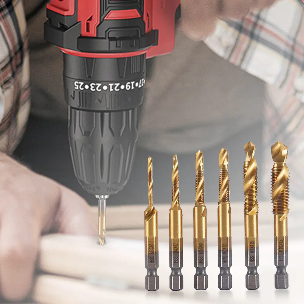 6Pcs High Speed Steel Titanium Plated Composite Tap Drill and Tap M3-M10 1/4 Hex Shank for Drilling Tapping and Countersinking