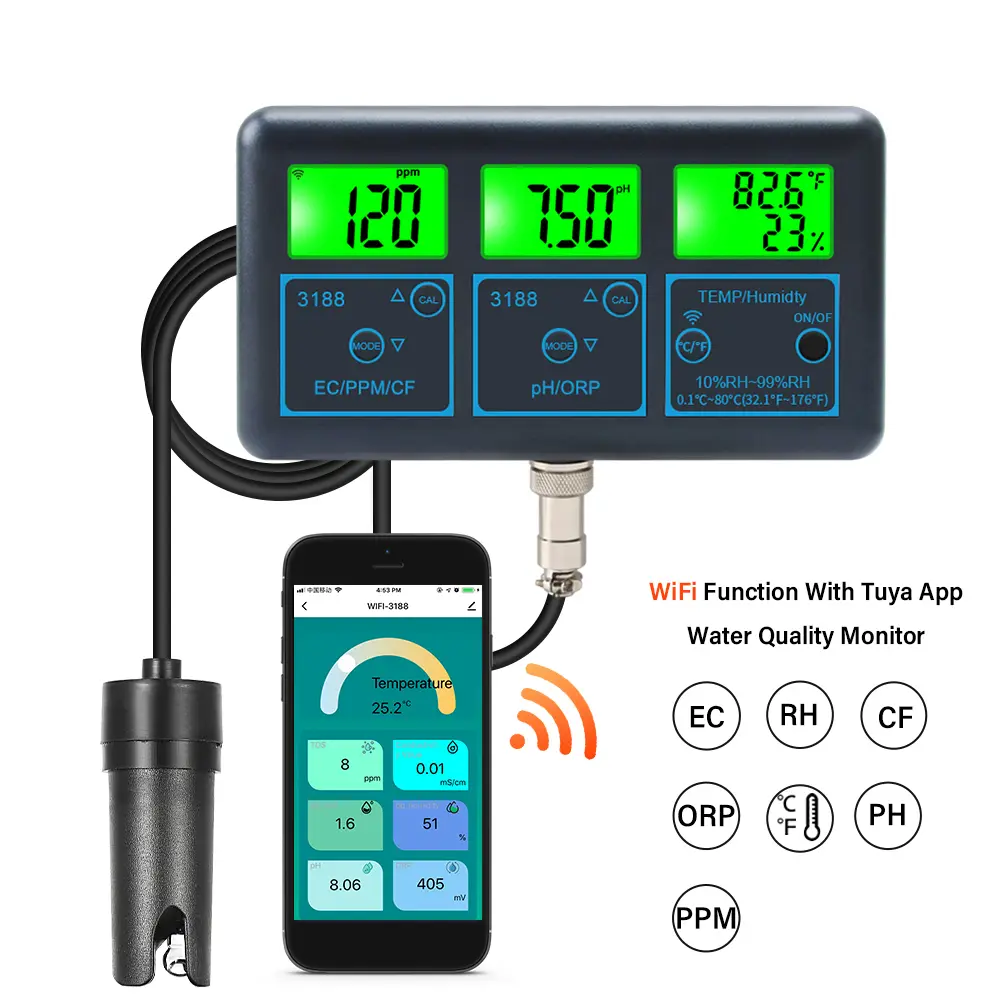 WiFi 7 in 1 Water Quality Monitor PH ORP EC PPM CFR Humidity Temperature PH Meter Backlight LCD Display for Aquarium Aquaculture