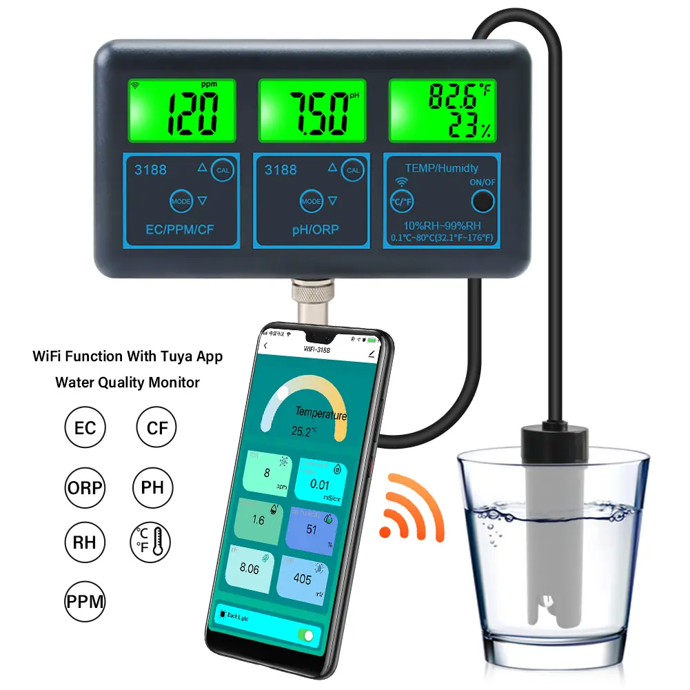 WiFi 7 in 1 Water Quality Monitor PH ORP EC PPM CFR Humidity Temperature PH Meter Backlight LCD Display for Aquarium Aquaculture