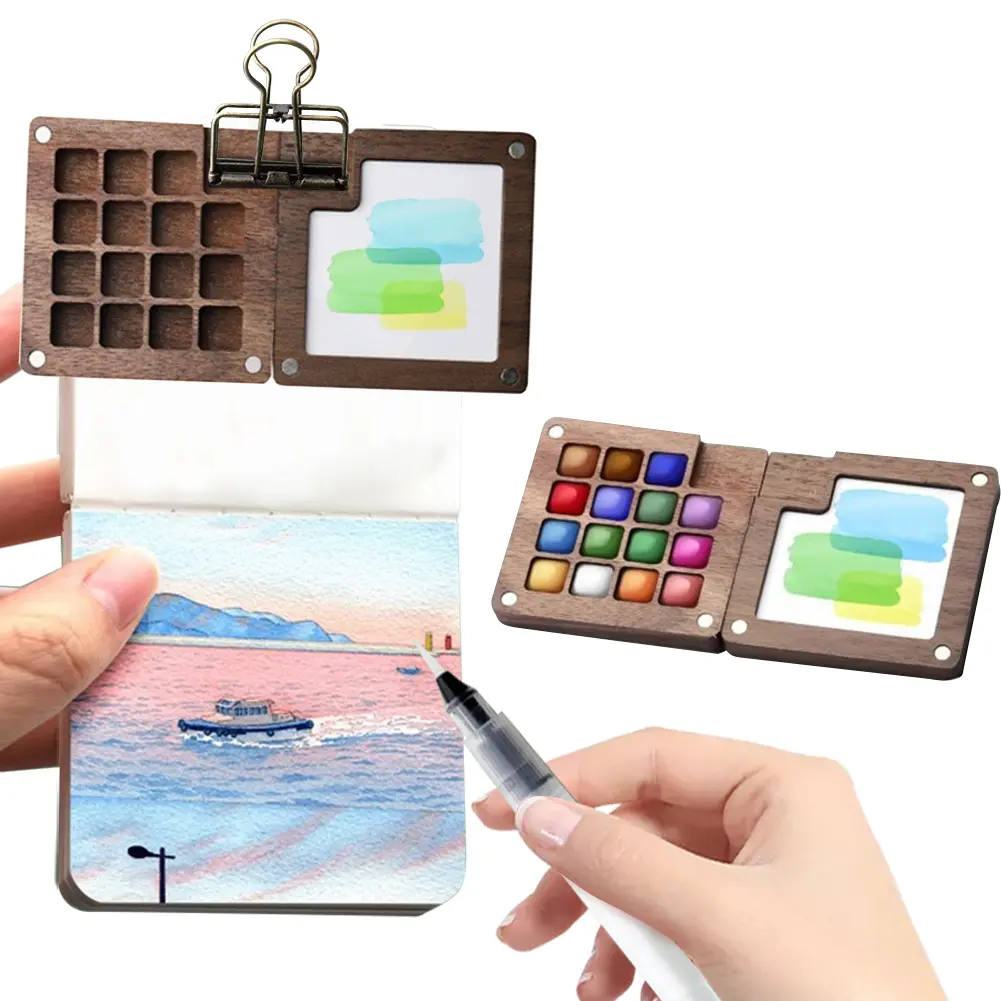 Travel Paint Palette Mini Watercolor Palette Set Portable Watercolor Set Wooden Grid Paint Box Gift for Kids