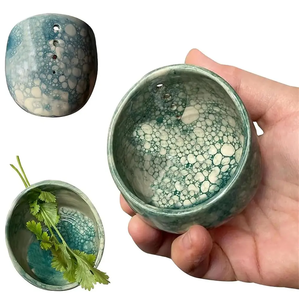 Herb Stripper Bowl Ceramic Herb Stripper Cup Four Round Holes Speckled Portable Herb Cilantro Leaf Stripper Tool Leaf Remover