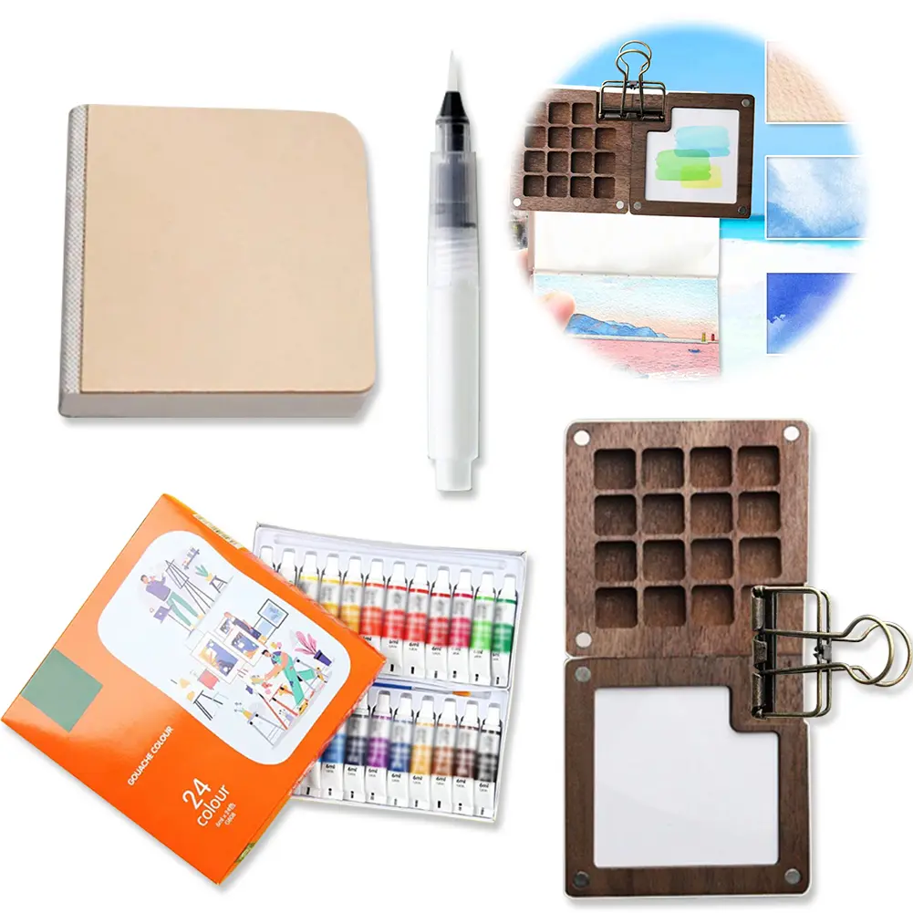 Travel Paint Palette Mini Watercolor Palette Set Portable Watercolor Set Wooden Grid Paint Box Gift for Kids