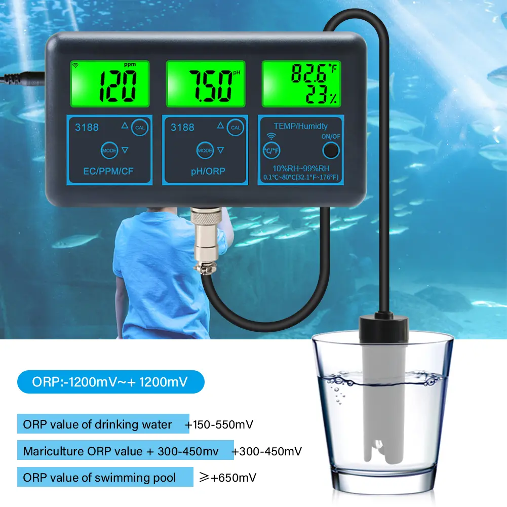 WiFi 7 in 1 Water Quality Monitor PH ORP EC PPM CFR Humidity Temperature PH Meter Backlight LCD Display for Aquarium Aquaculture