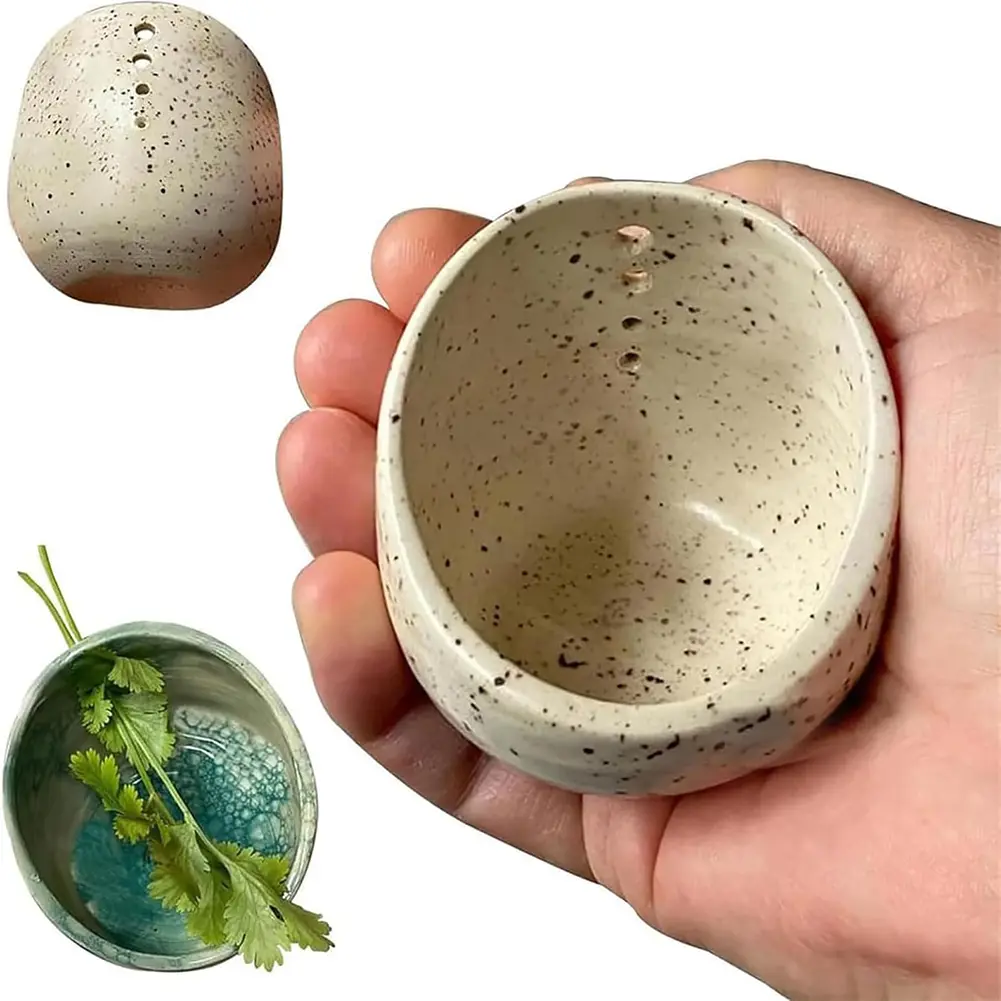 Herb Stripper Bowl Ceramic Herb Stripper Cup Four Round Holes Speckled Portable Herb Cilantro Leaf Stripper Tool Leaf Remover