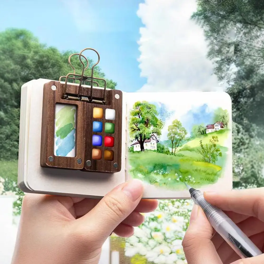 Travel Paint Palette Mini Watercolor Palette Set Portable Watercolor Set Wooden Grid Paint Box Gift for Kids