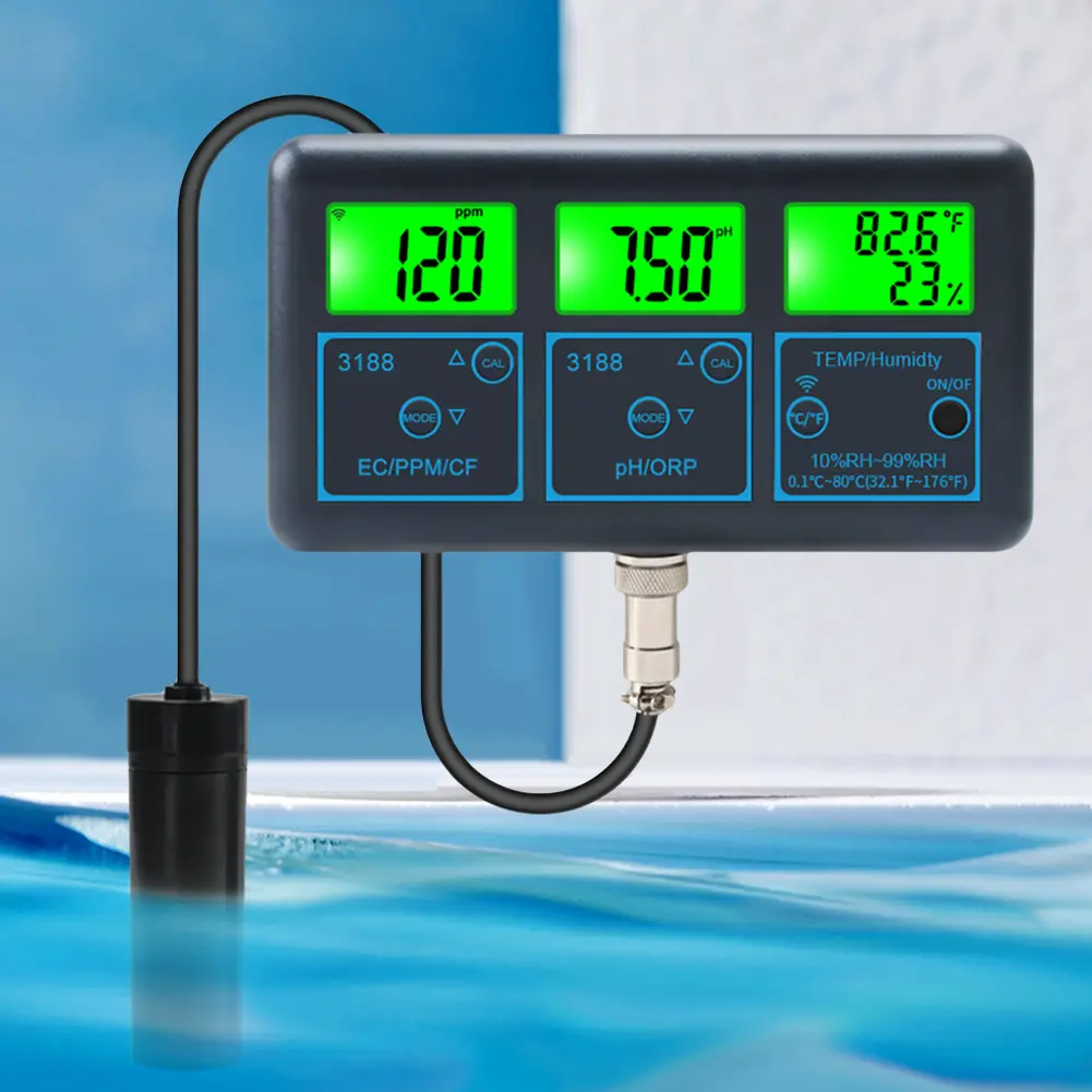 WiFi 7 in 1 Water Quality Monitor PH ORP EC PPM CFR Humidity Temperature PH Meter Backlight LCD Display for Aquarium Aquaculture