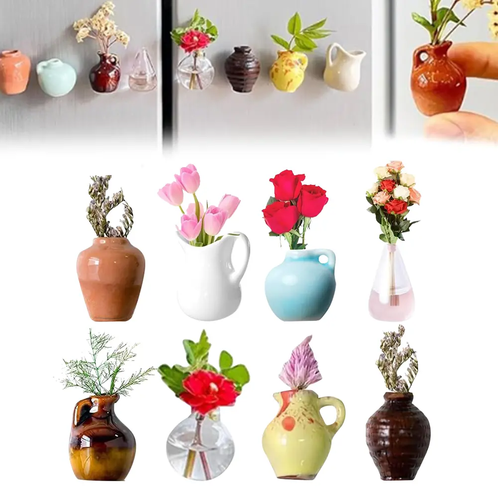 8pcs Mini Ceramic Vase Refrigerator Magnets 3D Fridge Magnets Refrigerator Stickers Decoration for Kitchen Office Whiteboard