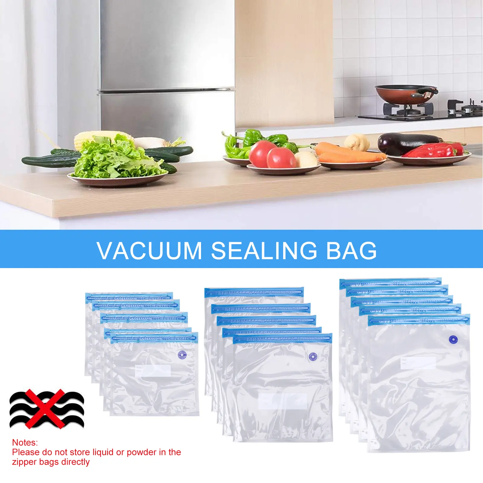 Reusable Vacuum Food Storage Bag Portable Freezer Bags for Sous Vide Cooking Food Organizer Shelf Portable Home Kitchen Tool