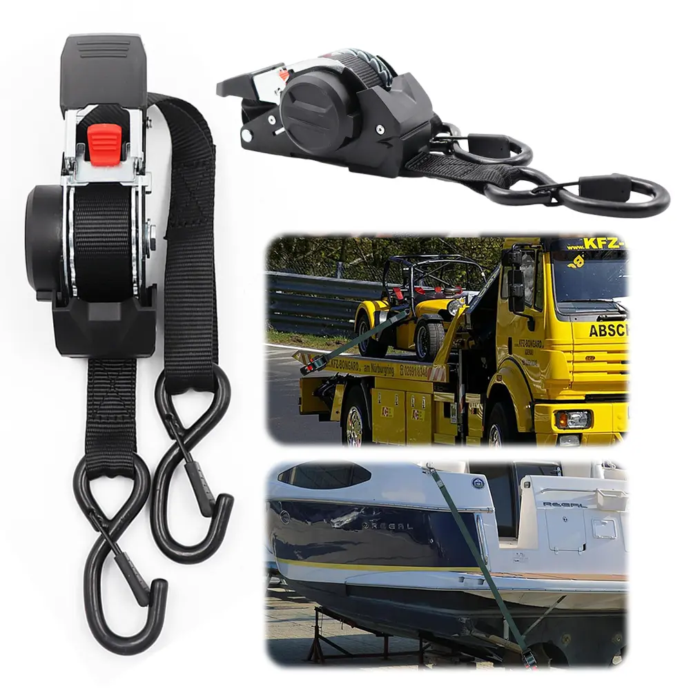 Retractable Ratchet Strap with Safety S Hooks Heavy Duty Tie Down Auto Self Retracting Tie Down Strap for Motorcycles Cargo