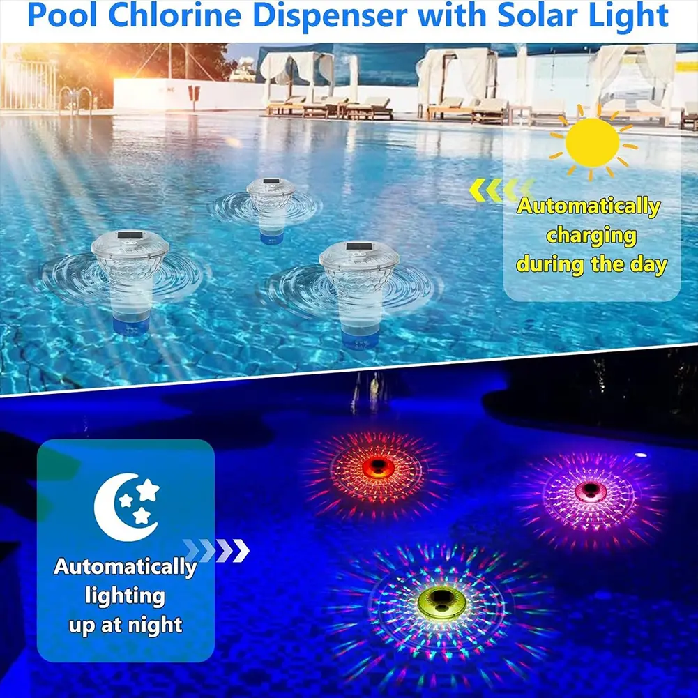 Solar Pool Chlorine Floater with Colorful Lights Floating Pool Chlorine Dispenser Chlorine Tablet Floater for Nighttime Ambiance