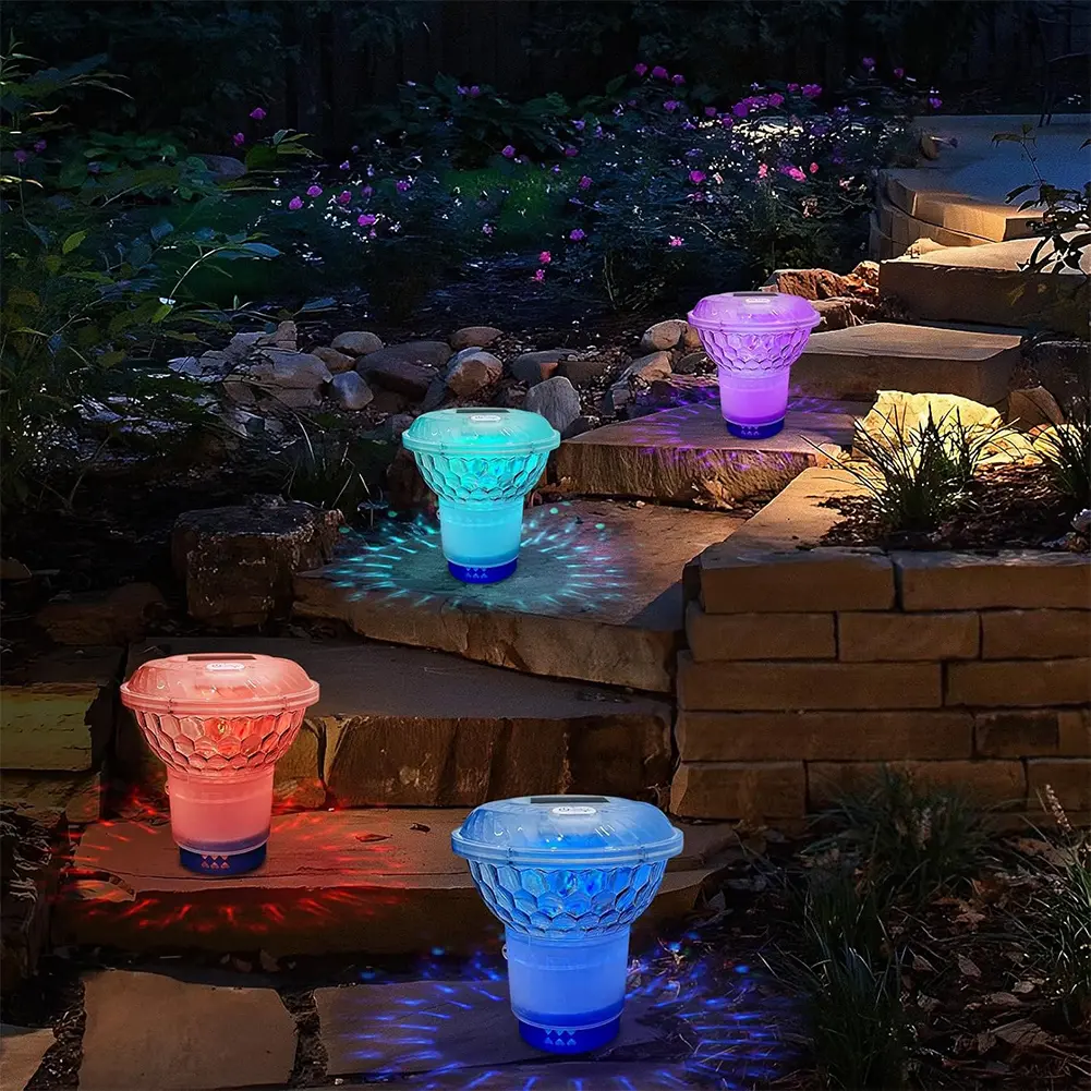 Solar Pool Chlorine Floater with Colorful Lights Floating Pool Chlorine Dispenser Chlorine Tablet Floater for Nighttime Ambiance
