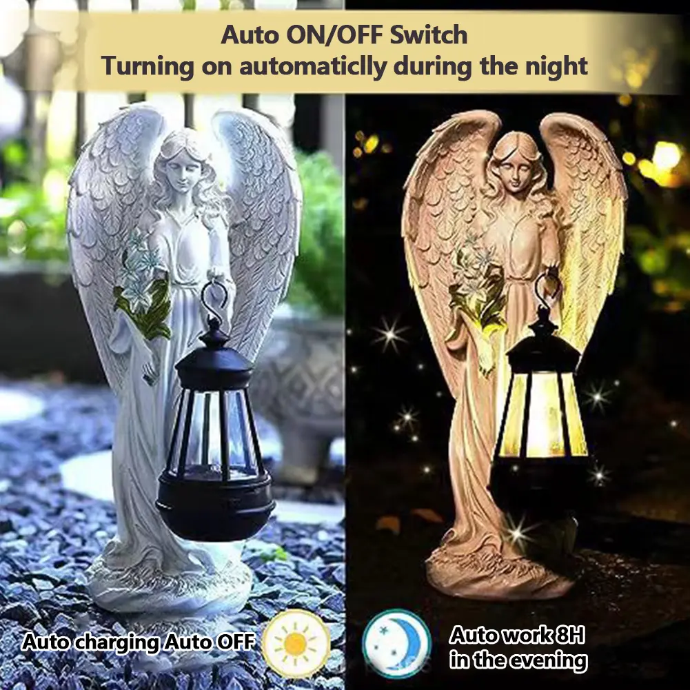 Solar Angel Statue Light Auto On & Off Decorative Angel Figurine Lantern Fairy Figurine Decor Lamp for Outside Yard Art Patio