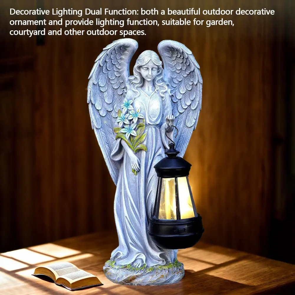 Solar Angel Statue Light Auto On & Off Decorative Angel Figurine Lantern Fairy Figurine Decor Lamp for Outside Yard Art Patio