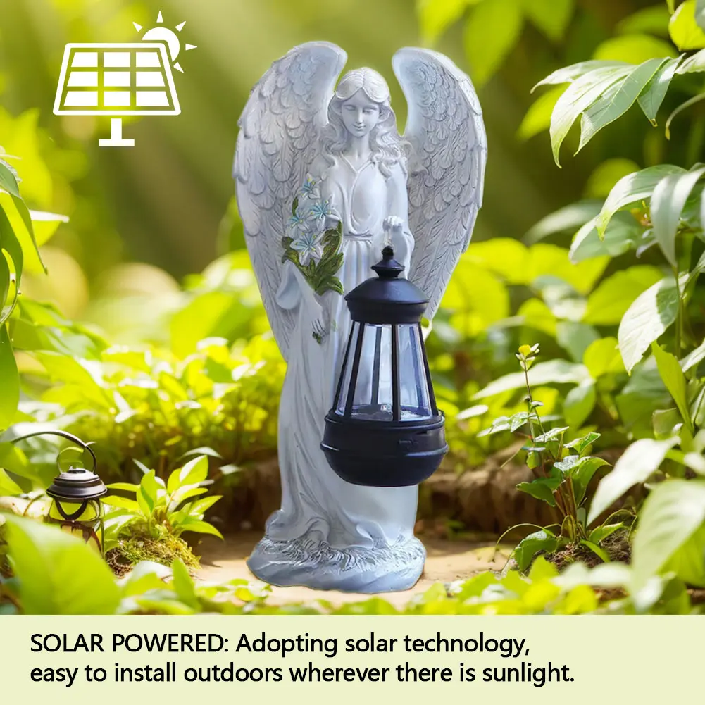 Solar Angel Statue Light Auto On & Off Decorative Angel Figurine Lantern Fairy Figurine Decor Lamp for Outside Yard Art Patio