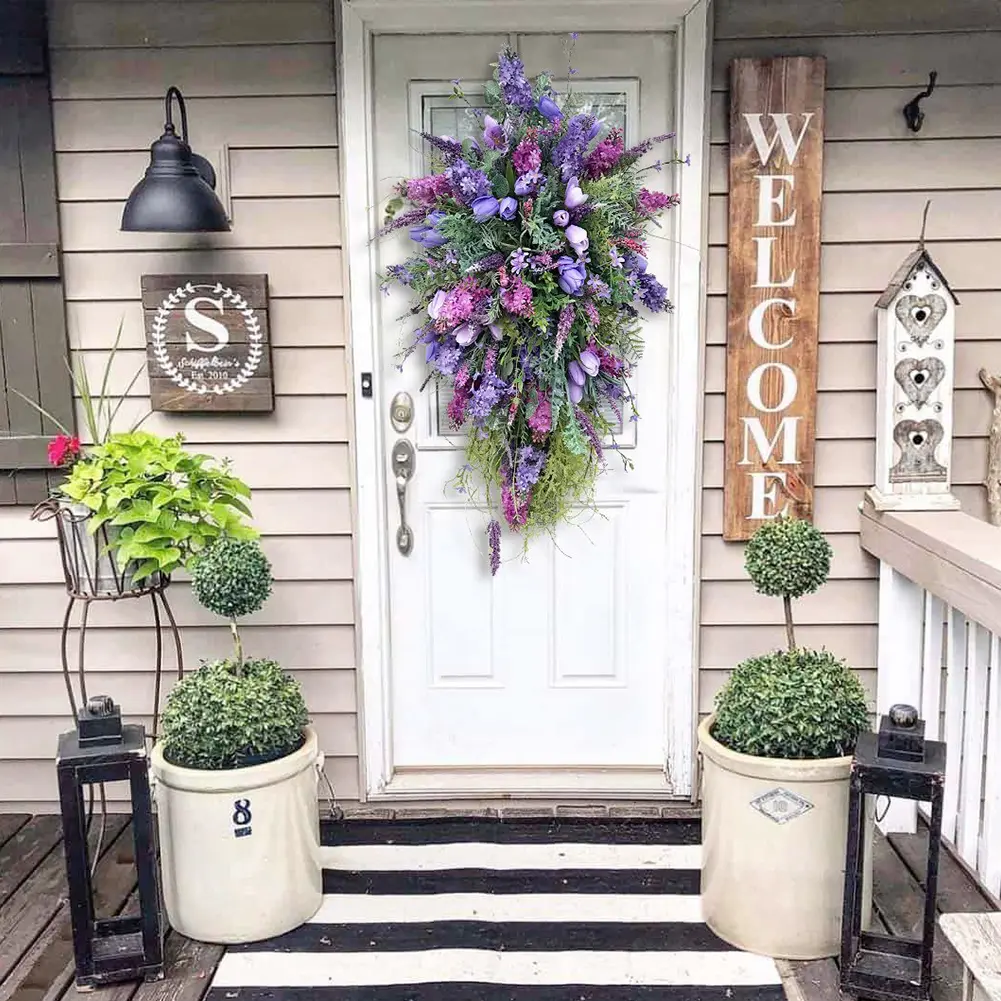 Rustic Hanging Wreath 50x35cm Flower Garland Pendant Creative Fake Floral Twig Garland for Front Door Garden Decor