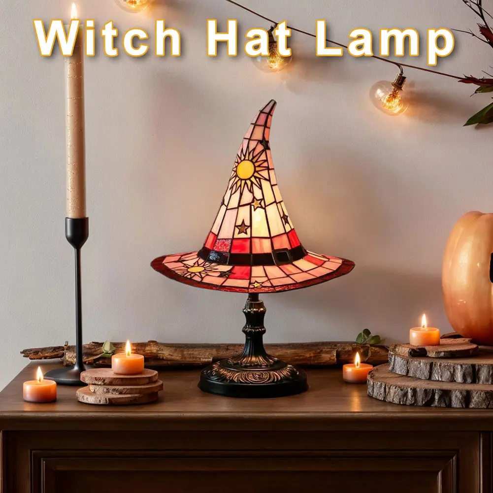 Stained Glass Witch Hat Lamp LED Creative Table Lamp USB Powered Night Light for Living Room Home Bedroom Decoration