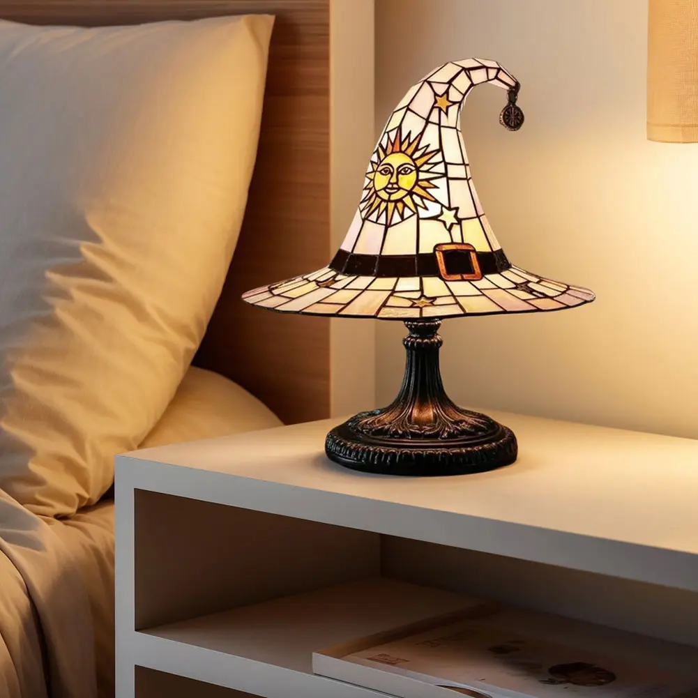 Stained Glass Witch Hat Lamp LED Creative Table Lamp USB Powered Night Light for Living Room Home Bedroom Decoration