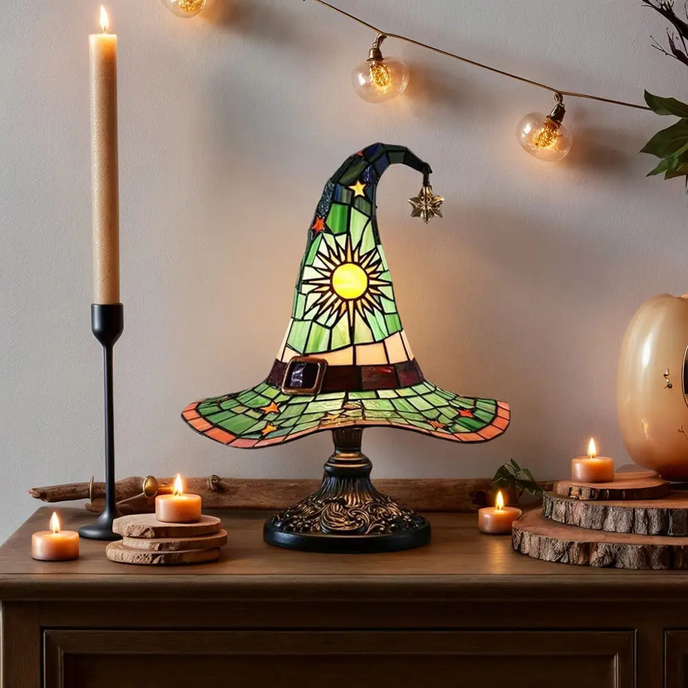 Stained Glass Witch Hat Lamp LED Creative Table Lamp USB Powered Night Light for Living Room Home Bedroom Decoration