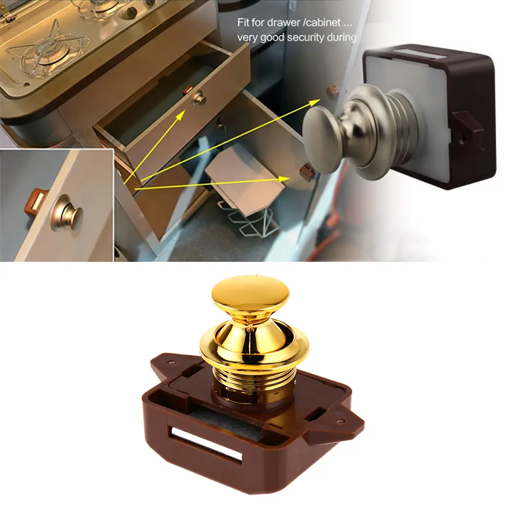 1-5PC Mini Push Lock Button Catch Lock Cupboard Door Knob Camper Caravan Motorhome RV Cabinet Drawer Push Latch Lock Hardware