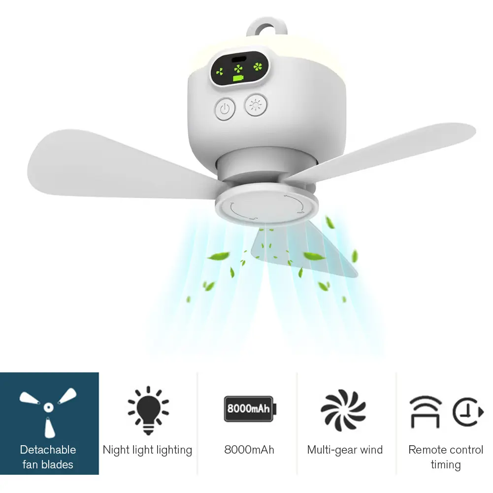 Portable Wireless Ceiling Fan Light Rechargeable Camping Fan with Remote Control Tent Fan for Outdoor Dorm