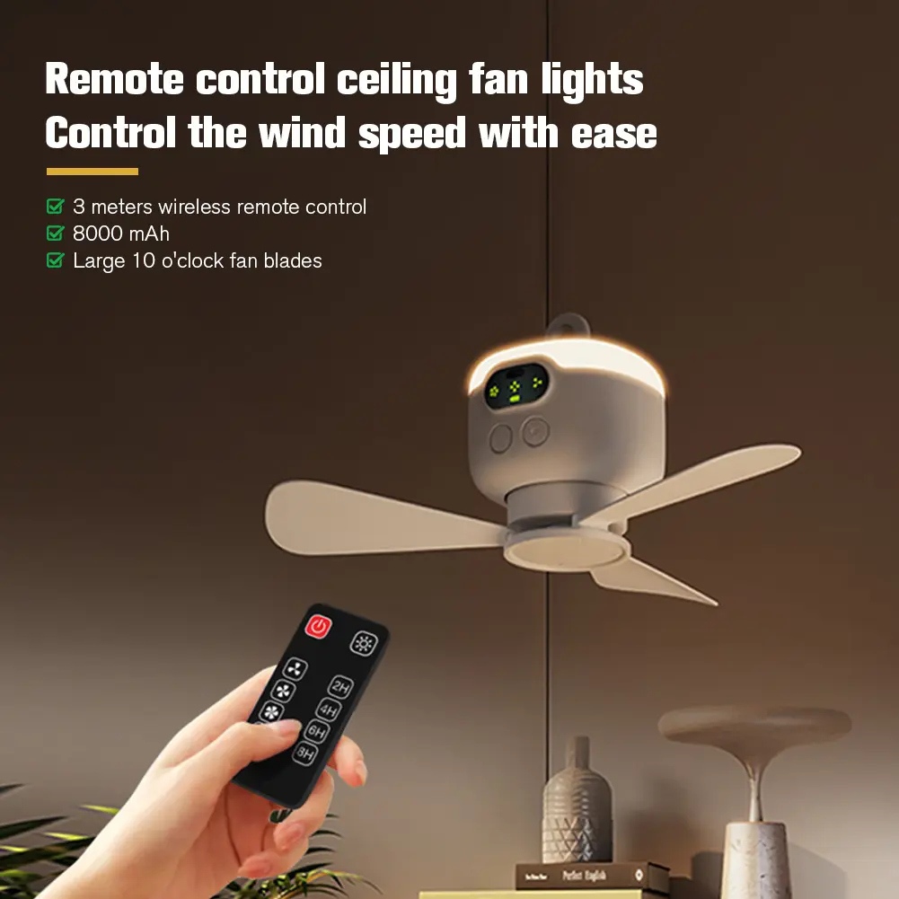 Portable Wireless Ceiling Fan Light Rechargeable Camping Fan with Remote Control Tent Fan for Outdoor Dorm