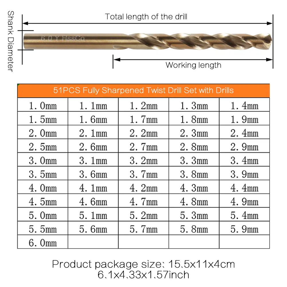 51Pcs Drill Bit Set Round Shank Twist Drill Bits Set Multiple Sizes Cobalt Jobber Twist Drill Bit Set for Cast Iron Wood Plastic
