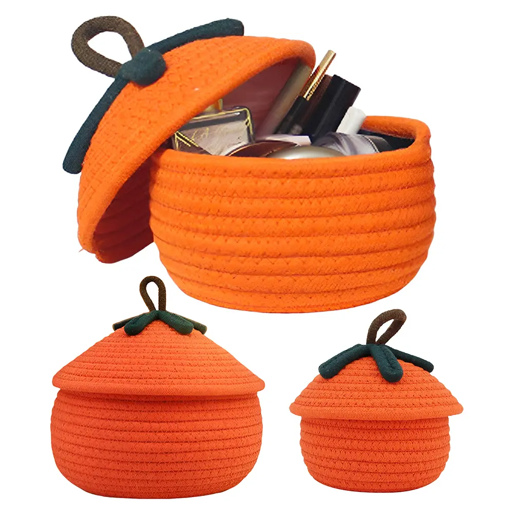Halloween Woven Pumpkin Basket with Lid Pumpkin Gift Basket Multi-Function Candy Basket Decorative for Candy Snacks Toys