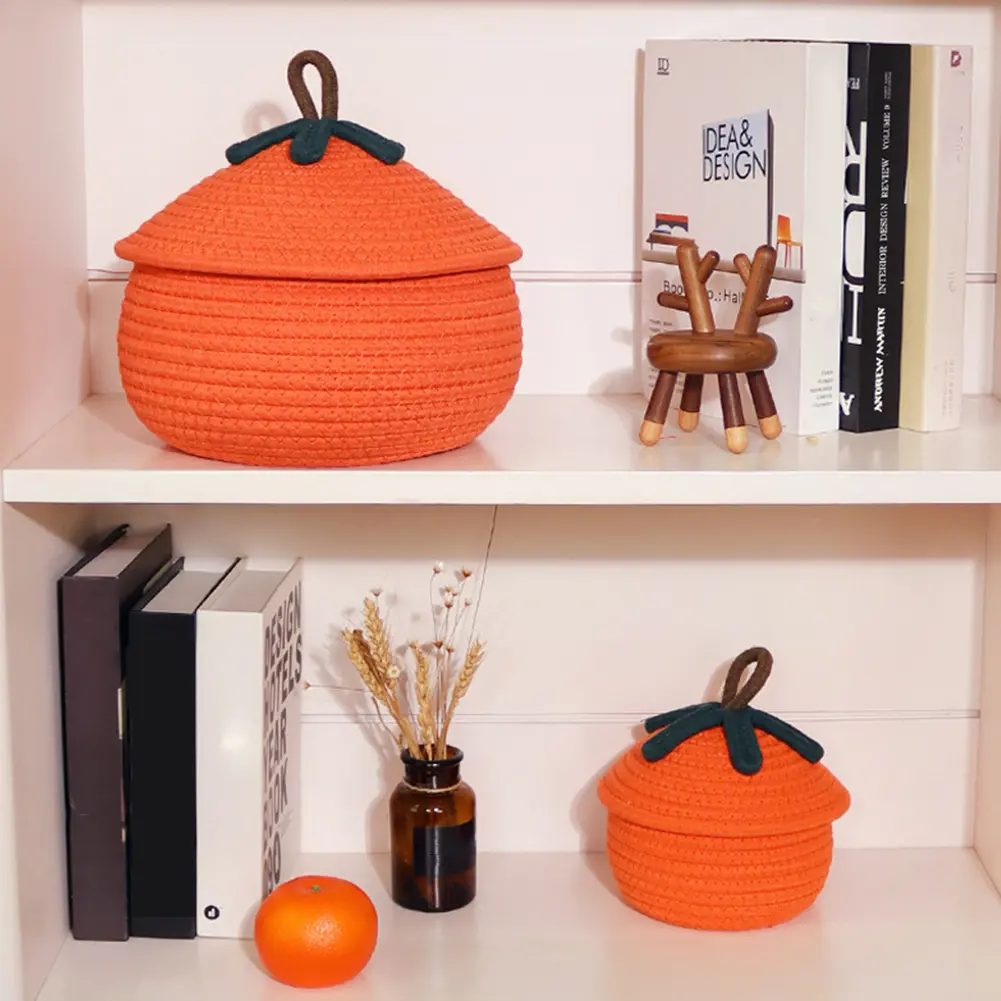 Halloween Woven Pumpkin Basket with Lid Pumpkin Gift Basket Multi-Function Candy Basket Decorative for Candy Snacks Toys